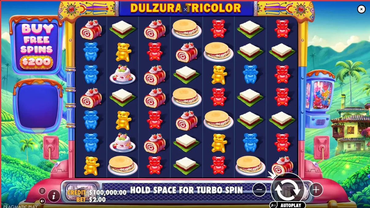 Tampilan visual slot Dulzura Tricolor dengan latar belakang pemandangan tropis Kolombia yang cerah dan penuh warna.