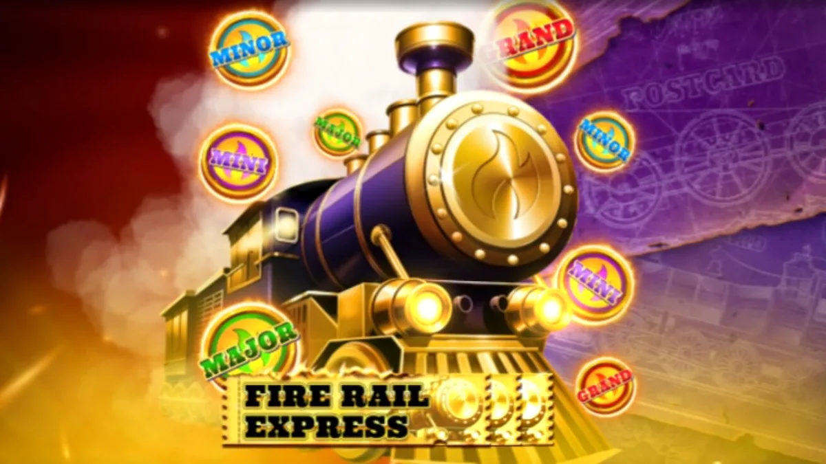 Tampilan visual slot Fire Rail Express dengan tema kereta uap dan simbol emas
